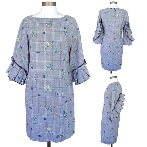 SARA CAMPBELL Navy Plaid Floral Embroidered Shift Dress Medium Preppy - Picture 1 of 11